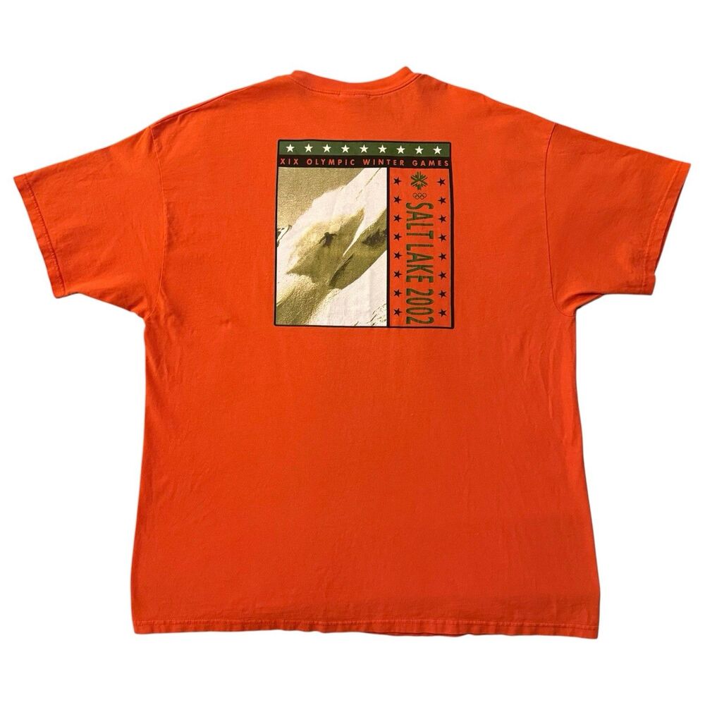 Vintage Y2K 2002 Salt Lake Winter Olympics XIX Skiing Graphic T‑Shirt 2XL Orange